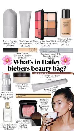 Hailey Bieber beauty bag #beauty #makeup #haileybieber Hailey Bieber Essentials, Hailey Bieber Products, Hailey Bieber Bags, Hailey Bieber Makeup Looks, Hailey Bieber Skin Care, Hailey Bieber Everyday Makeup, Hailey Bieber Makeup Products, Hailey Bieber Beauty Secrets, Hailey Bieber Aesthetic