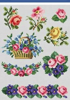 cross stitch pattern with flowers and baskets on the front, in different colors to choose from