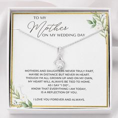 a mother's necklace in a gift box with the message to my mother on my wedding day