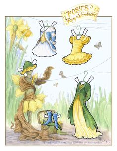 some clothes hanging on a line in the grass with flowers and butterflies flying around them