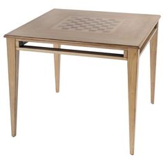 a wooden table with a chess board on it's top and legs, against a white background