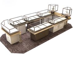 a 3d rendering of an office cubicle with desks and chairs on carpeted area