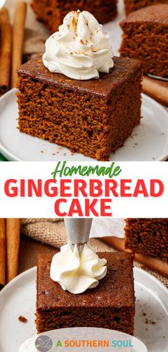 a slice of homemade gingerbread cake with whipped cream on top