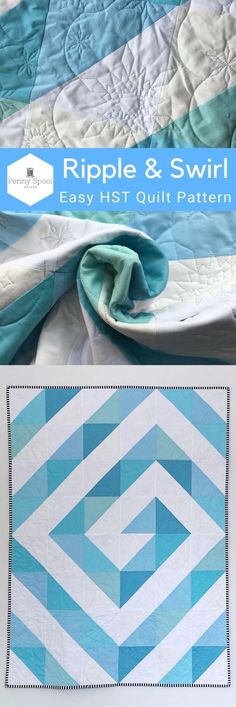 an image of a blue and white quilt with the words ripple & swirl on it