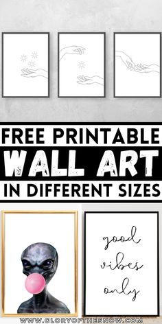 an alien printable wall art is shown with the words free printable wall art in different sizes