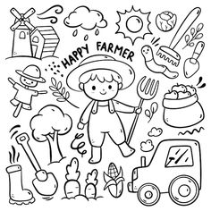 a black and white drawing of children's farm related items with the words happy farmer