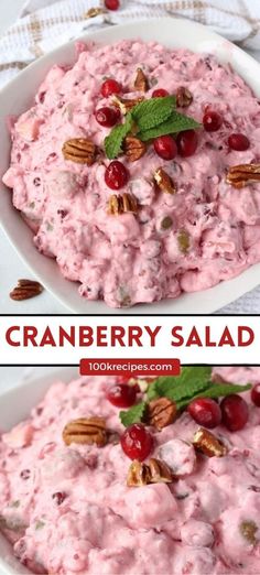 two pictures of cranberry salad with pecans on top