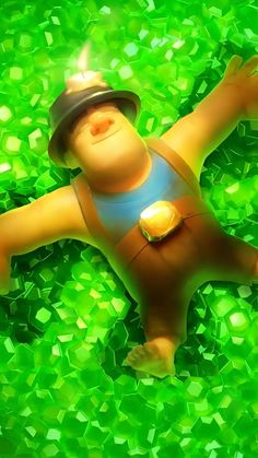 a cartoon character laying on the ground with green grass in front of him and wearing a hat