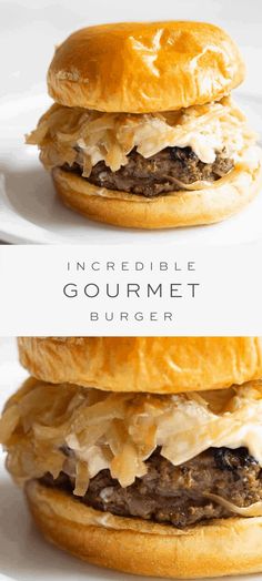 two hamburgers with meat and cheese on them are shown in three different images, one is