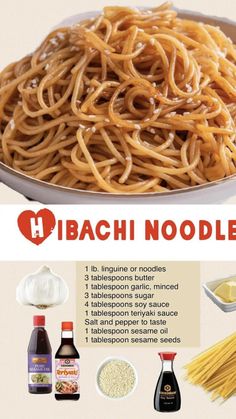 an advertisement with noodles and sauces on it