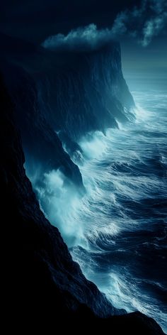 the ocean is very dark and stormy with waves crashing against the cliff face in the foreground