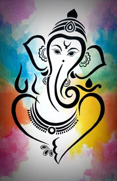 an elephant painted in black and white on a colorful background