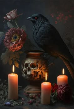 a bird sitting on top of a vase filled with flowers next to two lit candles