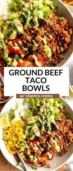 two bowls filled with ground beef taco bowls and garnished with avocado