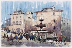 a watercolor painting of people walking around in front of a building with a fountain