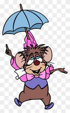 a cartoon mouse holding an umbrella and pointing at the ground with it's hand