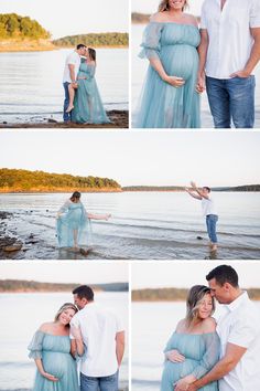 a pregnant couple standing in the water with their arms around each other