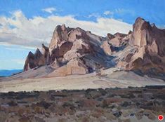 an oil painting of mountains in the desert