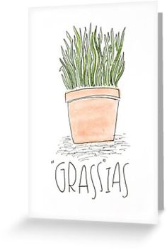 a watercolor drawing of a potted plant with the words grassias on it