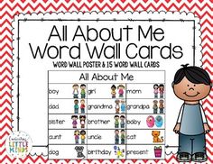 all about me word wall cards with an image of a boy standing in front of it