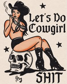 Realistic Cowgirl Tattoo, Emo Western Tattoos, Cowgirl Themed Tattoos, Western Goth Tattoo, Cowgirl Pinup Drawing, Cowgirl Pin Up Tattoos, Country Flash Tattoo, Outlaw Tattoo For Women, Pin Up Cowgirl Tattoo