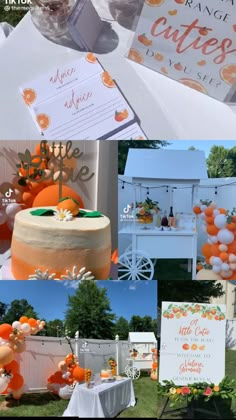 an orange and white wedding theme is featured in this collage with balloons, flowers, and cake