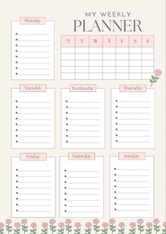 a printable planner with pink flowers on it