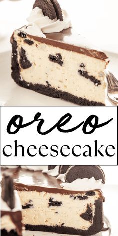 oreo cheesecake on a white plate with the title overlay reads oreo cheesecake