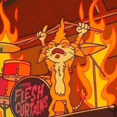 an image of a cartoon cat playing the drums on stage with flames in the background