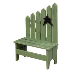 a green bench with a black star on it's back and bottom part sitting in front of a white background