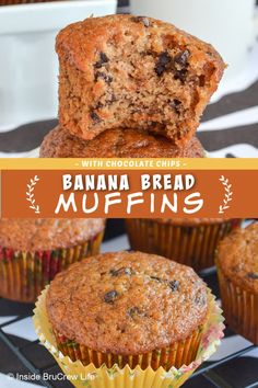 banana bread muffins stacked on top of each other with the title above it