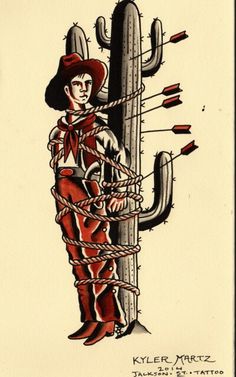 a drawing of a man standing in front of a cactus and holding on to it