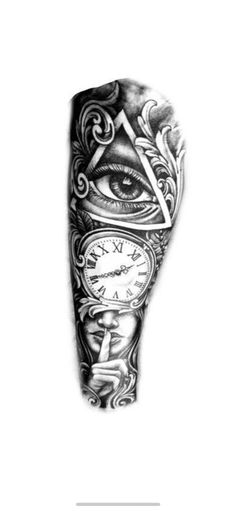 an eye and clock tattoo on the arm