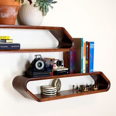 two wooden shelves with books, camera and other items on them next to a potted plant