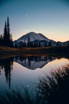 a mountain is reflected in the water at sunset with trees and grass on the shore