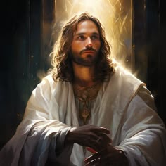 a painting of jesus holding his hands in front of the light coming from behind him