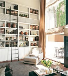 a living room filled with furniture and lots of shelves