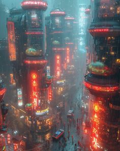 a futuristic city at night with neon lights