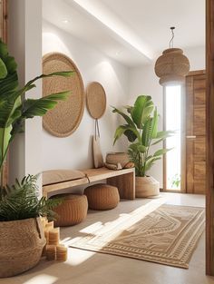 a living room filled with lots of plants next to a doorway covered in wicker baskets