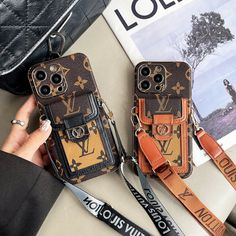 two louis vuitton phone cases are shown with one being held by a woman's hand