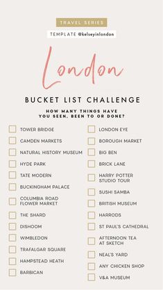 the london bucket list is shown in pink and gold