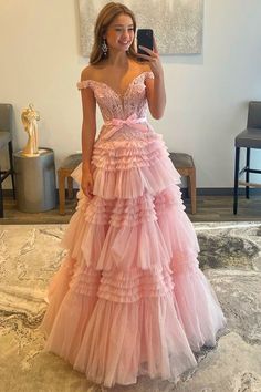 Tiered Prom Dress, Prom Dresses Long Pink, Vestidos Color Rosa, Princess Prom Dresses, Pink Prom, Short Homecoming Dress, فستان سهرة, Custom Size Dresses, Pink Prom Dresses