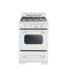 a white stove with two burners and one oven door open, on a white background