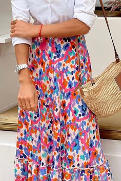 Multicolor Abstract Floral Print Tassel Tie Ruffle Maxi Skirt Spring Long Skirt With Tassels, Long Skirt With Tassels For Spring, Spring Vacation Skirt With Vibrant Print, Vibrant Summer Skirt, Casual Multicolor Print Skirt For Spring, Summer Skirt With Tassels, Tassel Skirt For Summer, Tasseled Skirt For Summer, Bohemian Long Skirt With Tassels For Summer