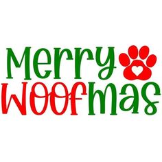 merry woofmas with paw print on the front and bottom, in green and red