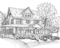 a drawing of a house with trees and bushes