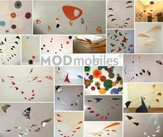 a collage of different shapes and sizes of paper mobiles hanging from the ceiling