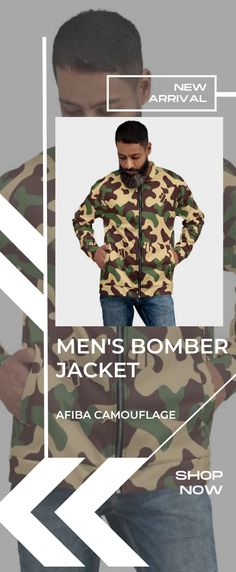 AFIBA Camouflage Men's Bomber Jacket. Add a little zing to your wardrobe with this vibrant All-Over Print Bomber Jacket. • 100% polyester • Fabric weight: 6.49 oz/yd² (220 g/m²), weight may vary by 5% • Brushed fleece fabric inside • Unisex fit • Overlock seams • Sturdy neck tape • Silver YKK zipper • 2 self-fabric pockets • Blank product components sourced from the US and China 😀For more collection, click link on the image. #afiba #afibacamo #afibacamouflage #menscamojacket #camojacket #camo