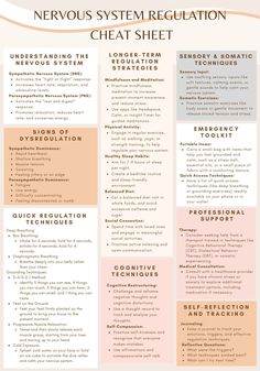 This helpful one-sheet on regulating your nervous system gives an overview of some helpful quick tips on nervous system regulation, as well as some longer-term strategies; it provides helpful definitions, and can be a great resource for those looking to have a better understanding on how to self-regulate. Self Regulate, How To Self Regulate, Deregulated Nervous System, Balancing Nervous System, Nervous System Regulation Techniques, Regulate Your Nervous System, Ways To Regulate Your Nervous System, Nervous System Study Guide, Tips To Regulate Nervous System