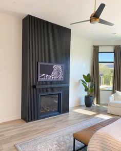 a living room with a couch, fireplace and television in it's centerpiece